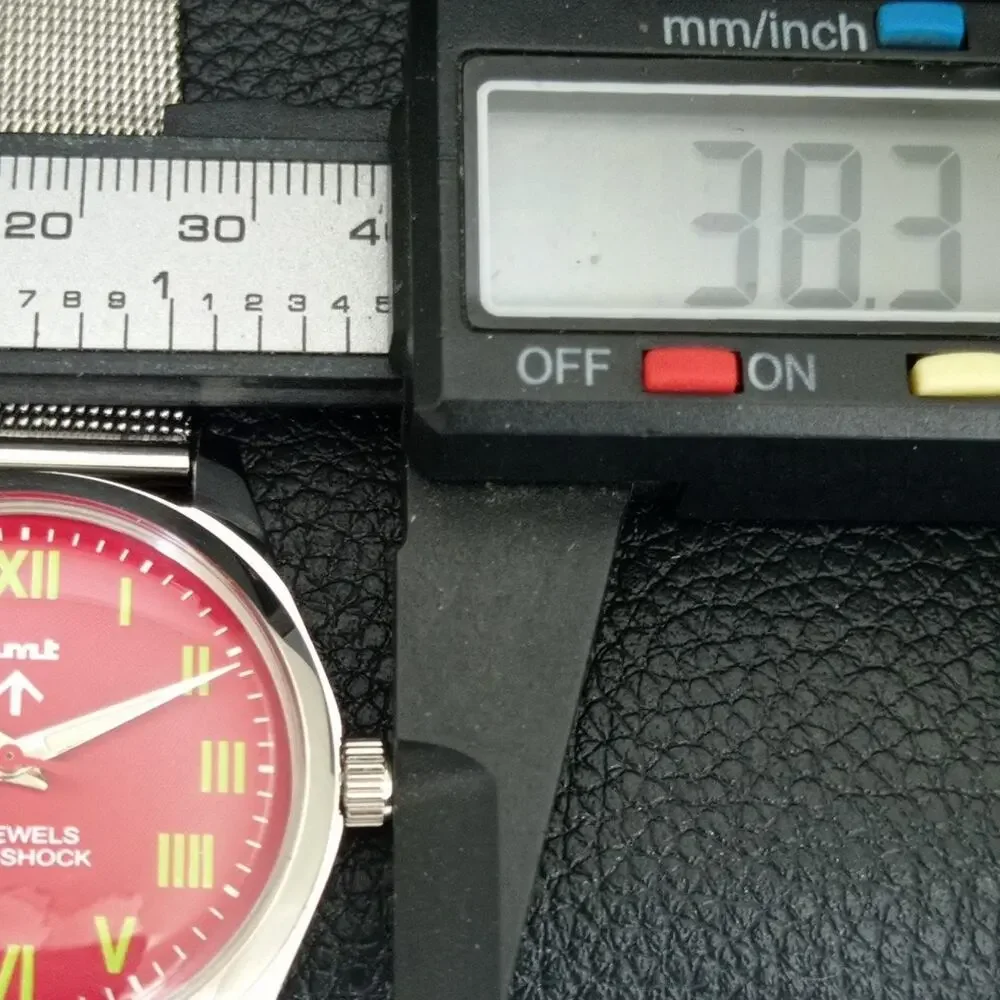 Vintage 1986 HMT Manual Wound Mens Silver Watch & Red accents